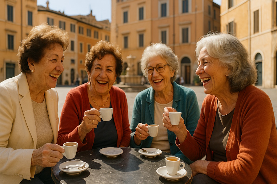 Amiche sorseggiano espresso in piazza